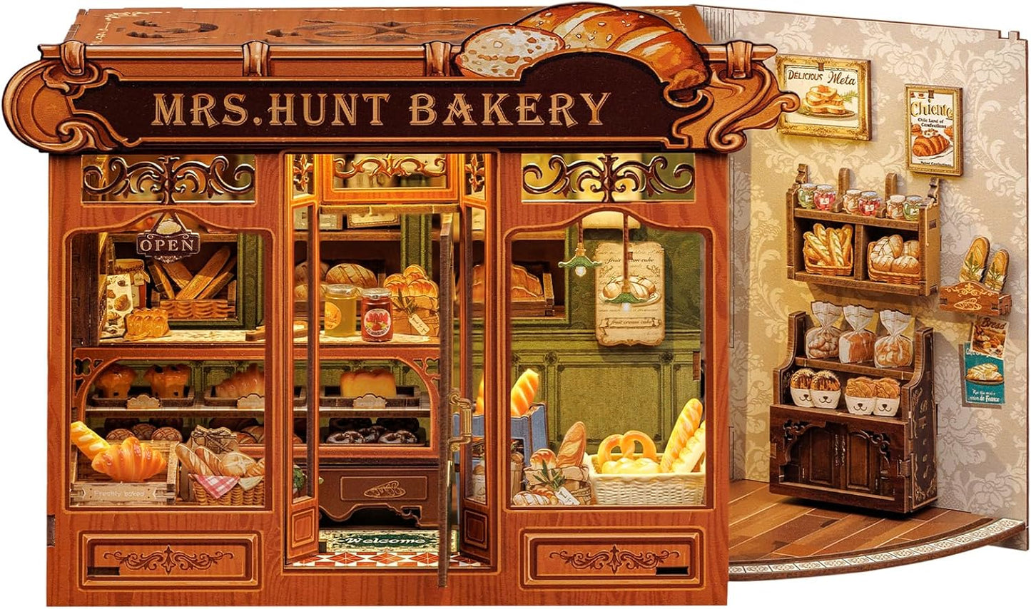 CUTEBEE Book Nook Kit - DIY Miniature House Bakery Dessert Shop Dollhouse Kit for Adults, Booknook Tiny House Bookshelf Decor 3D Wooden Puzzle, Gifts for Family, Friends (Mrs.Hunt Bakery)