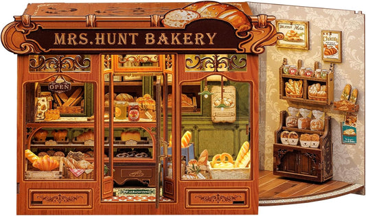 CUTEBEE Book Nook Kit - DIY Miniature House Bakery Dessert Shop Dollhouse Kit for Adults, Booknook Tiny House Bookshelf Decor 3D Wooden Puzzle, Gifts for Family, Friends (Mrs.Hunt Bakery)