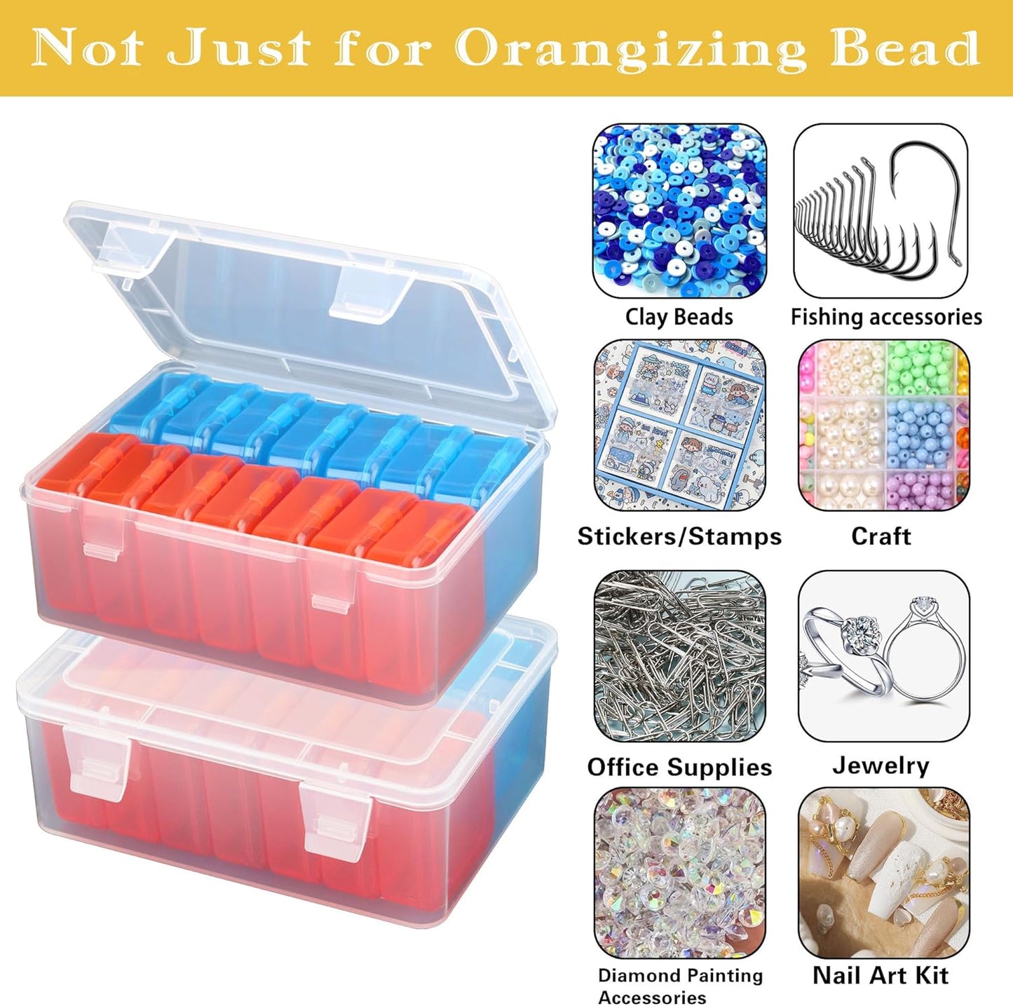 Mathtoxyz Small Bead Organizers(Red, Blue), 15 Pieces Plastic Storage Cases Mini Clear Bead Storage Containers Transparent Boxes with Hinged Lid and Rectangle Clear Craft Supply Case