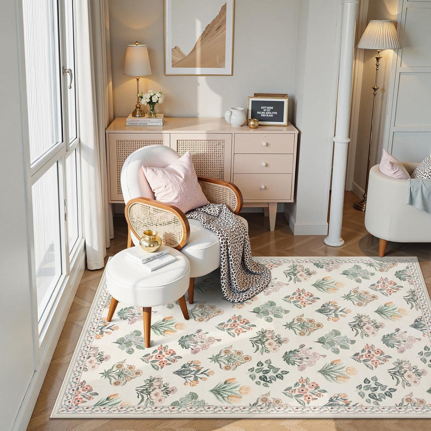 Wonnitar Nursery Rug for Baby Girl, Washable Moroccan Floral 5x7 Rug, Ultra-Thin Non Slip Neutral Flower Print Carpet for Living Room Kids Room Dorm Home Decor, Cream Beige