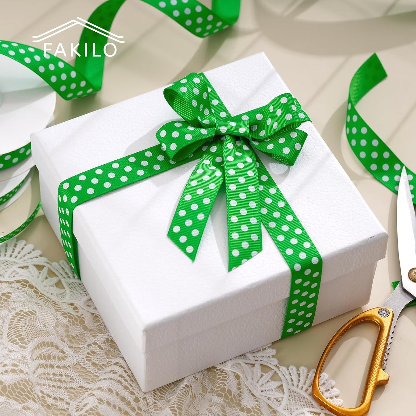 Polka Dot Grosgrain Ribbon 5/8 Inch, 25 Yards Spool Green and White Polka Dot Ribbon for Christmas Gift Wrapping DIY Crafts Hair Bows Wedding Party Decor Sewing and Home Decoration