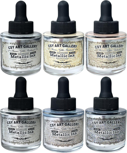 CSY art gallery Metallic -Pearlescent-Glitter Acrylic Ink -Shining Calligraphy Paint -Silver, Rose Gold Rich Pigments Perfect for Artists, Canvas, Rocks, Wood, Fabric, Ceramic (Galaxy Starlight Set)