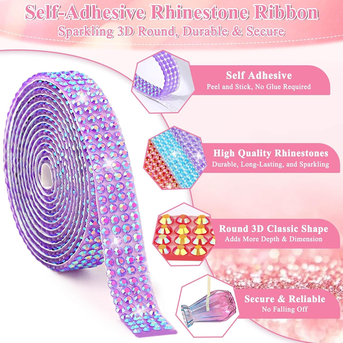 15 Yards Self Adhesive Rhinestone Strips, Rhinestone Ribbons Self Adhesive, Diamond Crystal Bedazzling Strips Glitter Bling Rhinestones Tape Stickers for Crafts, Fabric, Car, Shoes, Décor