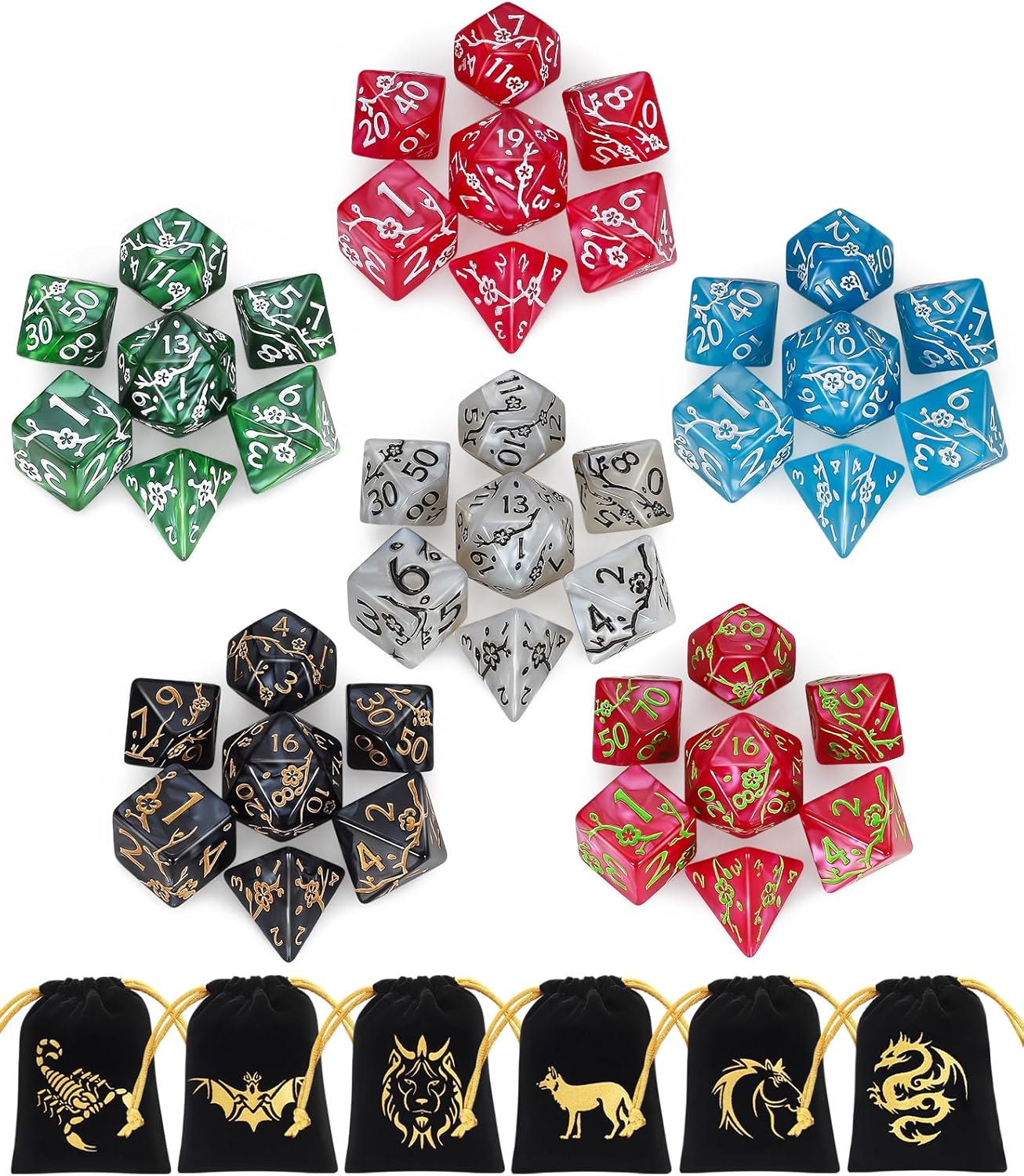 CiaraQ Polyhedral Dice Set (42pc) with 6 Drawstring Dice Pouches for Dungeons and Dragons RPG MTG Table Games. 6 Sets of Plum Blossom Pattern Role Playing Dice