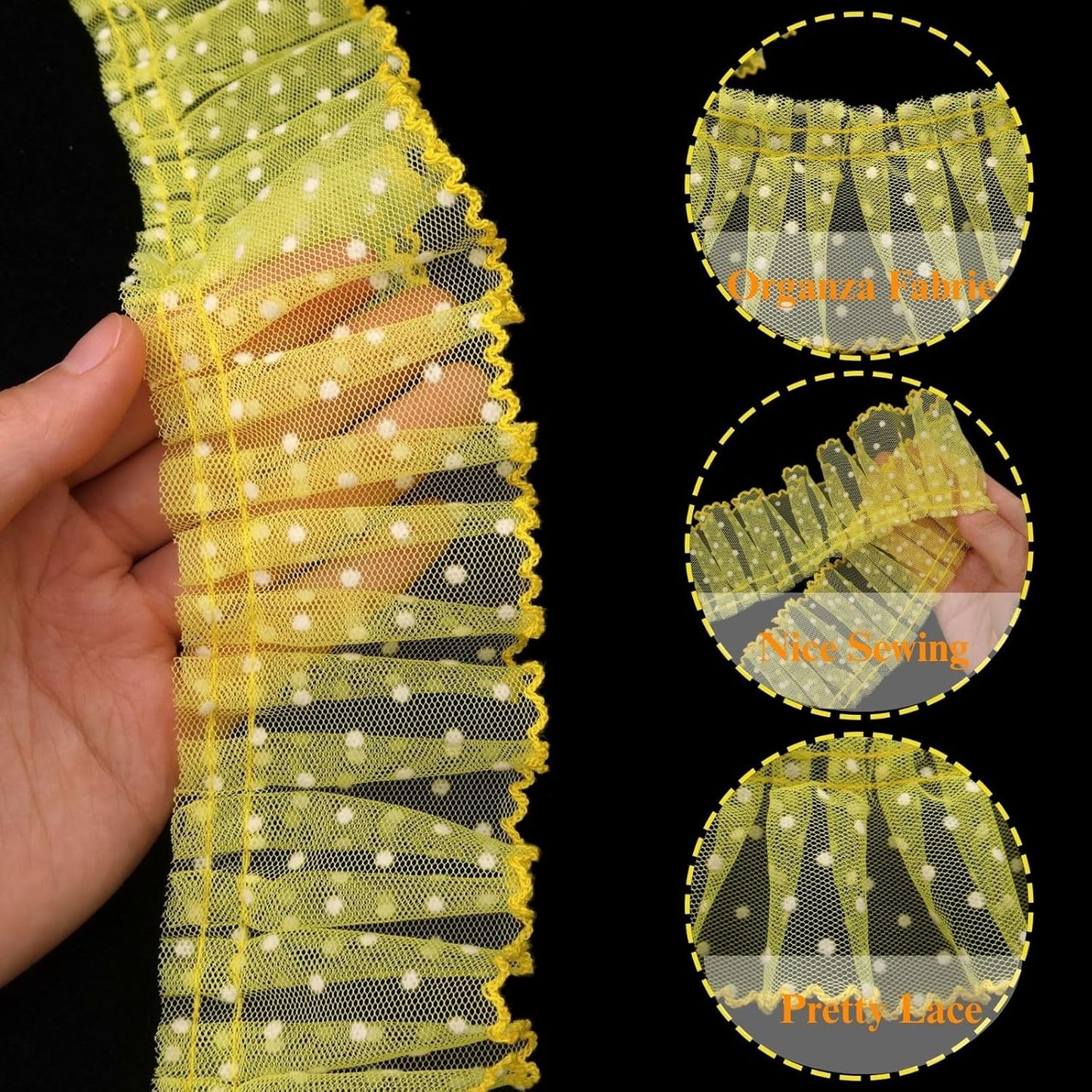 Dots Lace Ruffle Trim for Sew, Crafts 2.4" x5yd Single Layer Pleated Edge Lace Ribbon (Yellow)