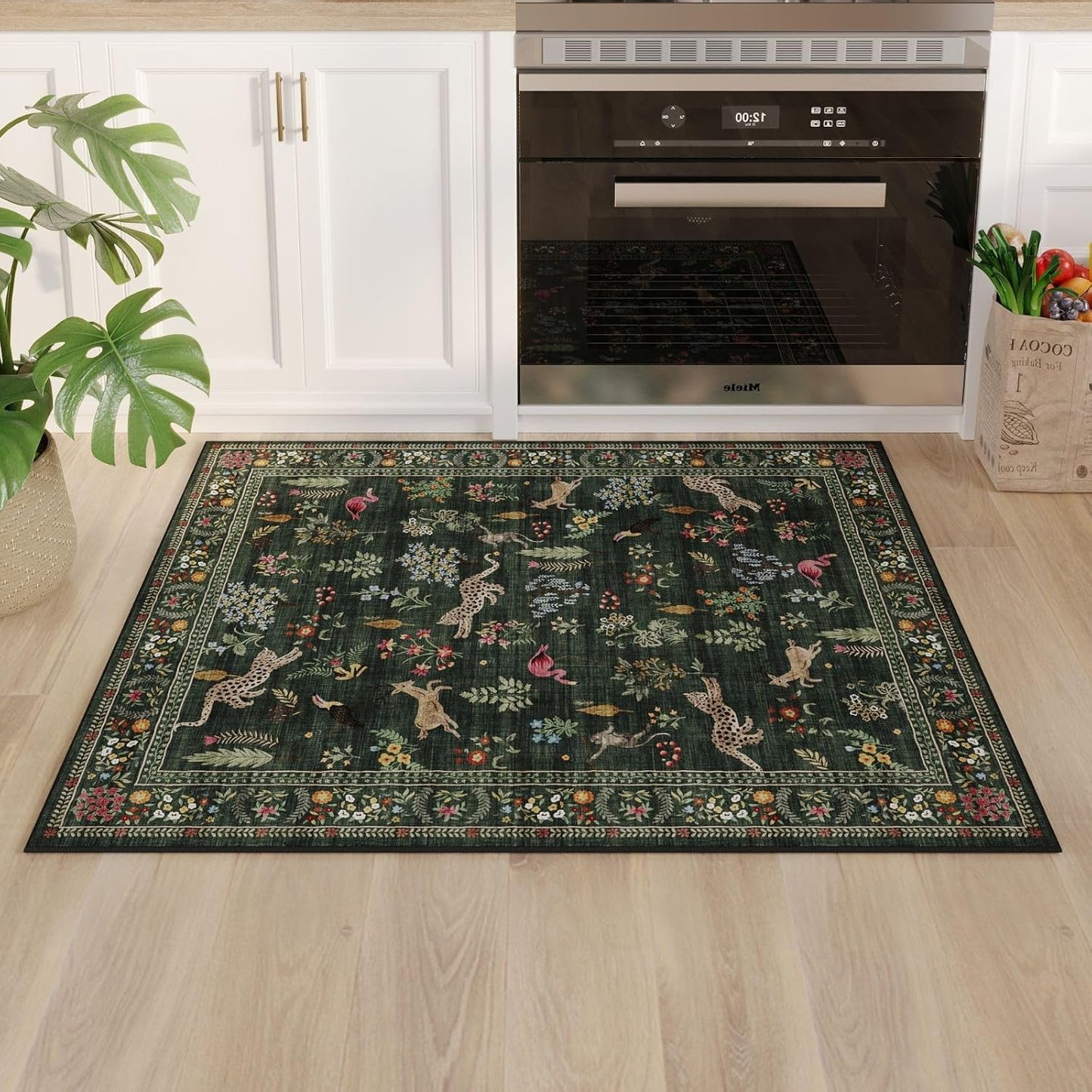 Rugcomf Door Mat Indoor Entrance 2x3 Rug Machine Washable Boho Floral Animal Small Area Rug Non-Slip Low Pile Throw Rugs for Entryway, Kitchen, Front Door Indoor Entrance, Entry, Kids Room (Green)