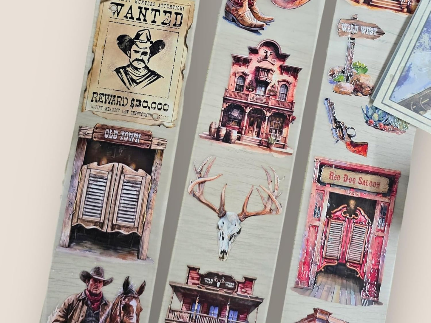 Wild West Transparent Vintage Washi Tape 5x5 cm x 100 cm – Decorative Scrapbooking Craft Adhesive Roll, Western Cowboy Art, Rustic Frontier Illustration for Journals, Planners, Cards & DIY Projects