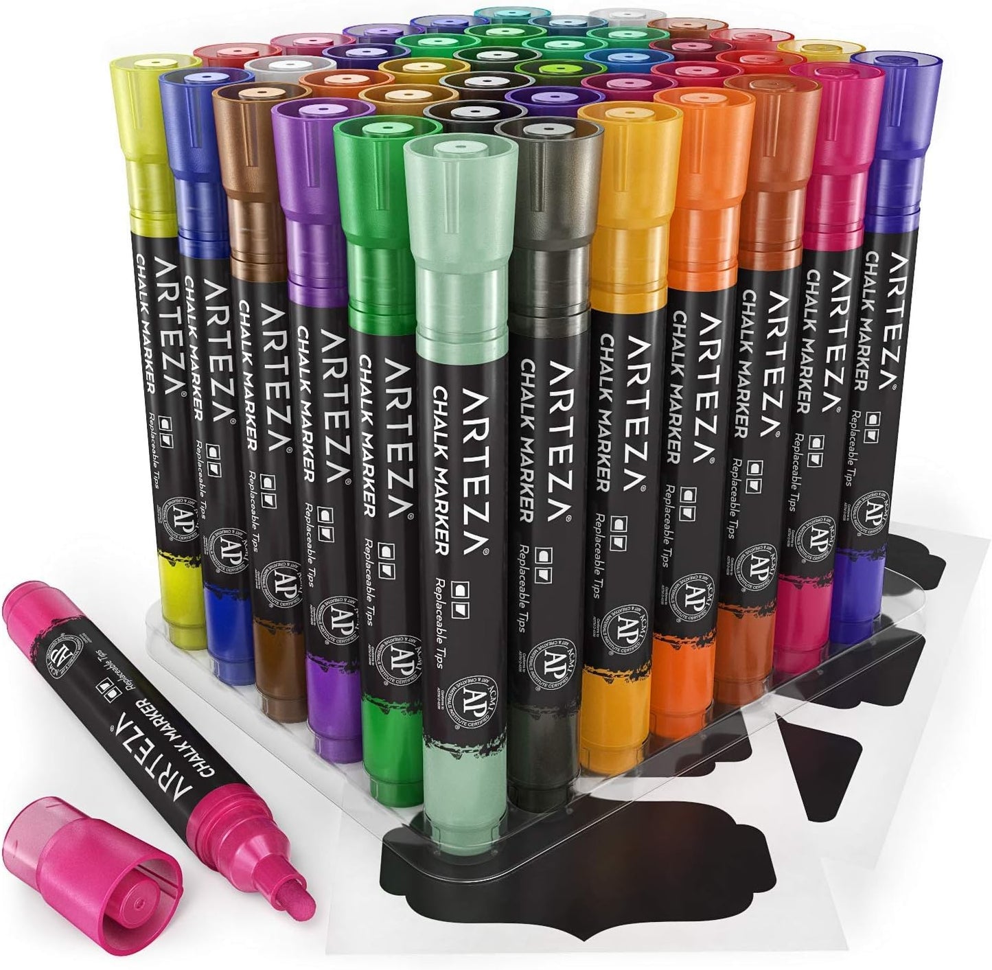 ARTEZA Liquid Chalk Markers, 42 Colors Pack with 50 Chalkboard Labels, Fine Tip Chalk Pens for Blackboard, Whiteboard, Windows, Mirrors, Glass