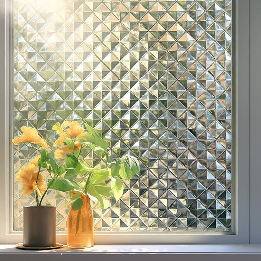 Qualsen Window Privacy Film, Stained Glass Window Film Heat Control UV, Frosted Rainbow Bathroom Decorative Film 3D Static Clings, Peel and Stick Window Tint for Home,17.5x78.7inch