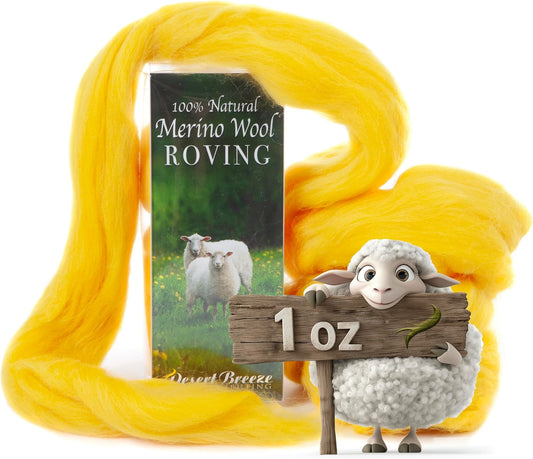 Desert Breeze Distributing 100% Natural Merino Wool Roving - Premium Combed Top Merino Roving Wool - Tapestry, Spinning, Wet Felting & Needle Felting Supplies - 21.5 Micron - 1 oz, Color Lemon Yellow