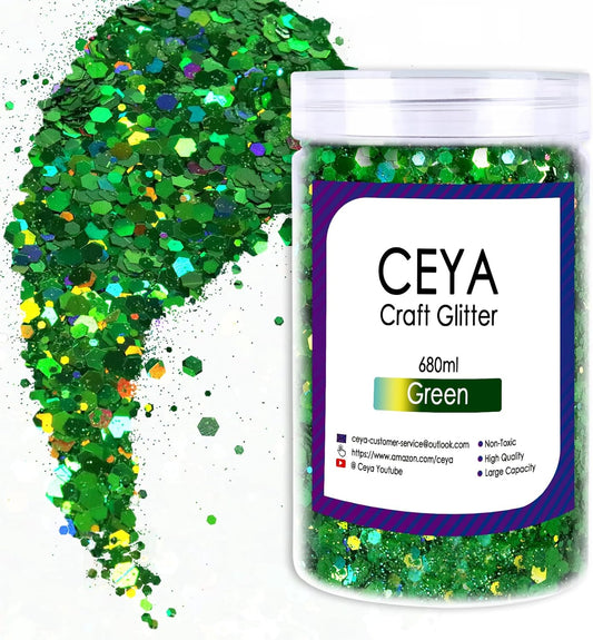 Ceya Holographic Chunky Glitter, 1 LB/ 16OZ Laser Green Bulk Craft Glitter Mixed Chunky Fine Glitter Bottled Metallic Flake Nail Sequins for Resin, Tumblers, Scrapbooking, Festival Decor, Art Project