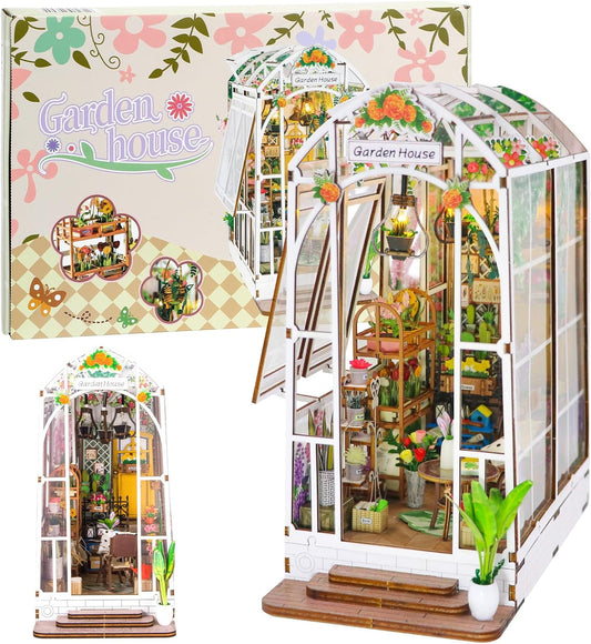 Book Nook Kits for Adults, Miniature House Dollhouse Kit for Teens, DIY Crafts for Adults, Bookshelf Decor Garden House with LED Light, Gifts for Family and Friends