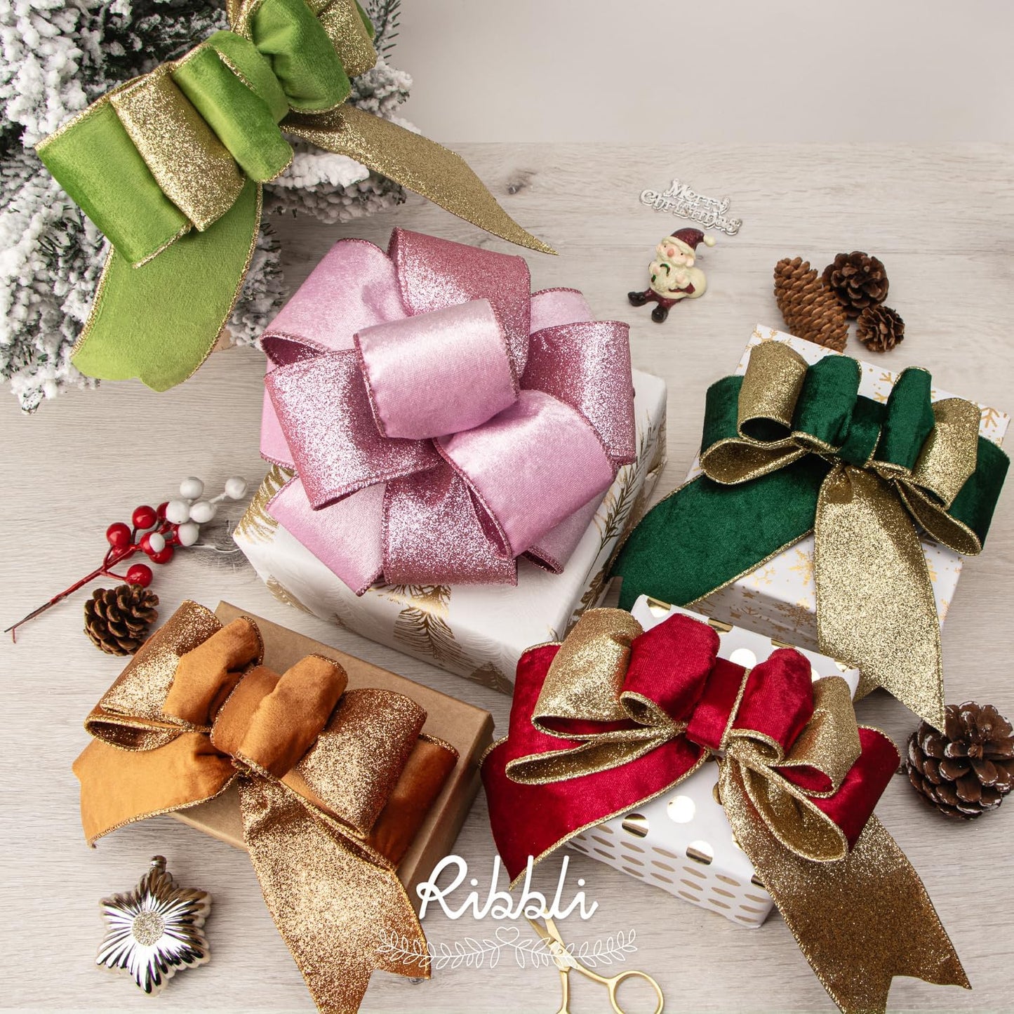 Ribbli Red Velvet Wired Ribbon 2.5 Inch Red Velvet with Gold Glitter Christmas Ribbon for Christmas Tree Decoration Big Bow Gift Wrapping Crafts Wreaths Supplies- 10 Yards