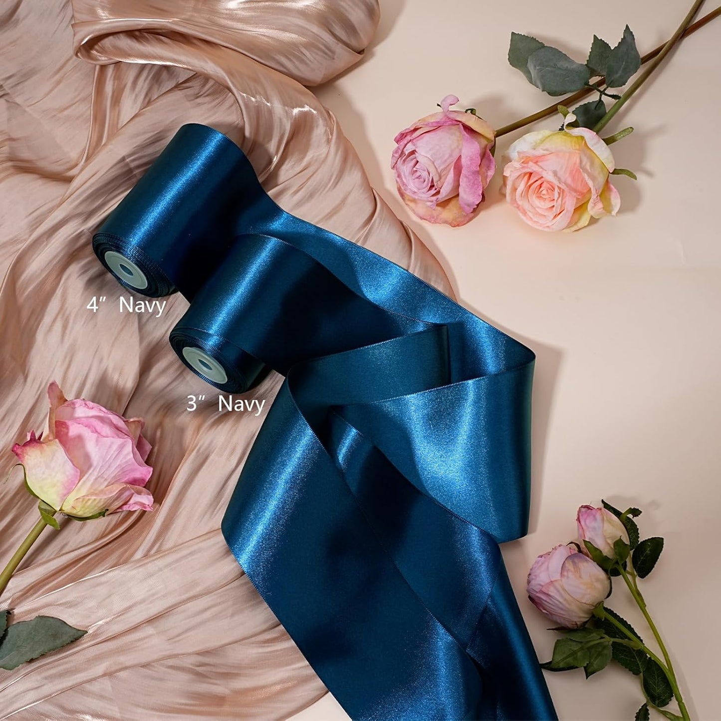 LaRibbons Navy Satin Ribbon 3 Inch 10 Yards Double Faced Luxury Navy Silk Ribbon for Gift Wrapping Flower Bouquets Bow Christmas Wedding Party Decoration