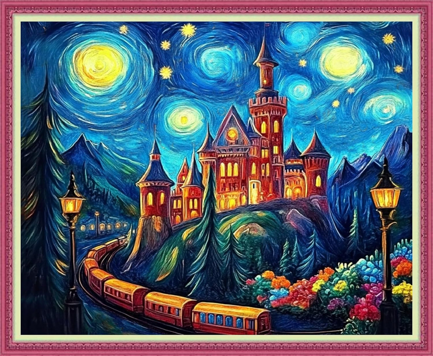Disnesart Cross Stitch Stamped Full Embroidery Kits DIY 11CT Cotton Thread Printed DIY Needlepoint Kits Craft Needlework Set Cross-Stitch Stamped Sets-Van Gogh Starry Sky Castle 16x20 inch