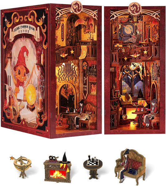 Fsolis Book Nook Kit, DIY Miniature Room House Kit 3D Wooden Puzzle Craft Kit for Adults Decorative Bookend Bookshelf Bookcase Nook Decor Gifts for Women Teens and Book Lovers (Flam Common Room)