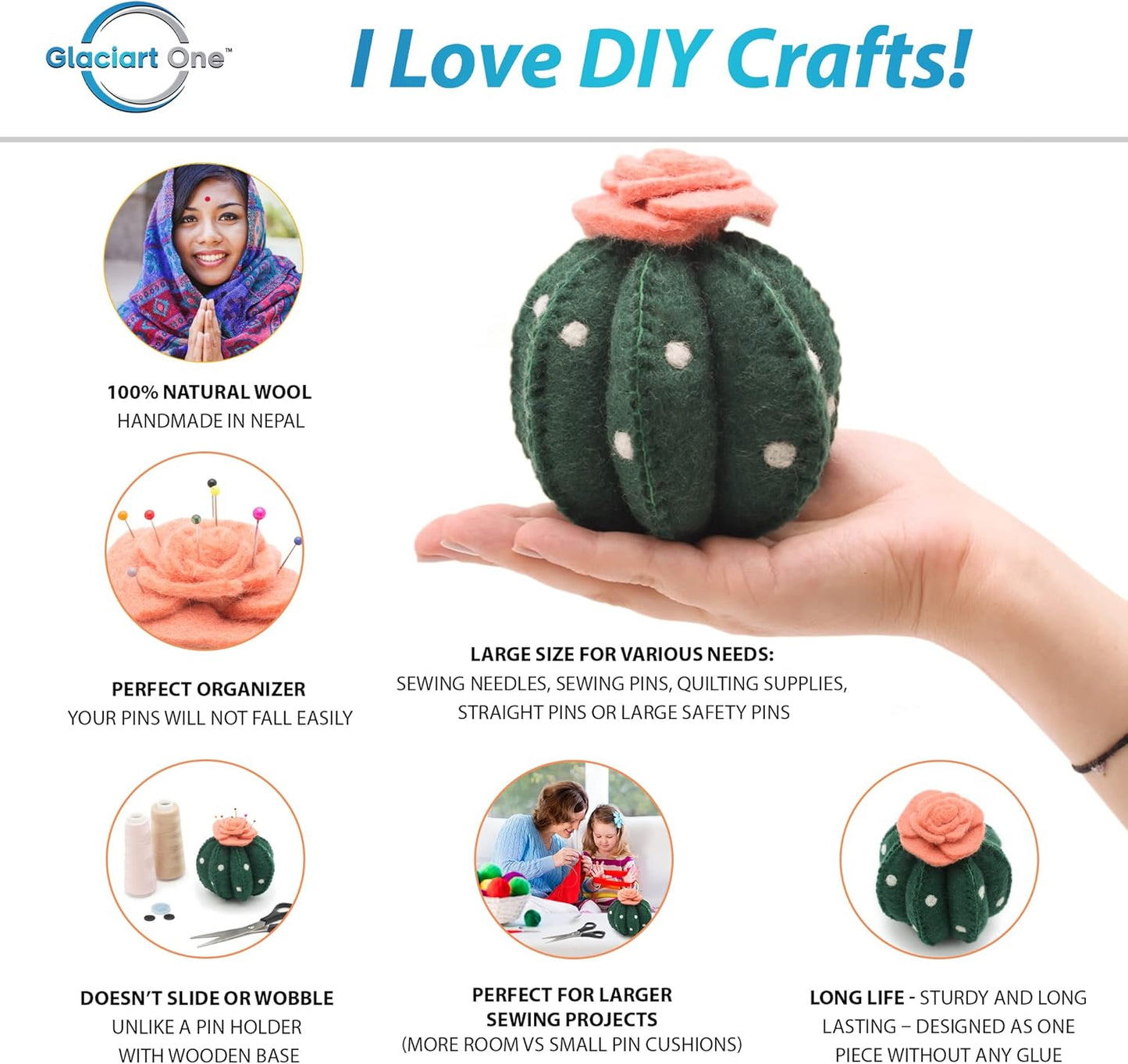GLACIART ONE Sewing Pin Cushion Cactus | Large Size |Durable & Handmade Craft Supplies | Also for Quilting Needles, Sewing Machine Needles, Safety and T Pins