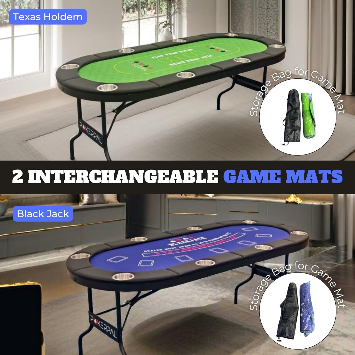 8 Player Poker Table with 2 Interchangeable Game mats, Texas Holdem Poker and Blackjack, Collapsible Casino Table with Padded Rails and XXL Cup Holders for Wine and Whiskey Glasses, (71 in)