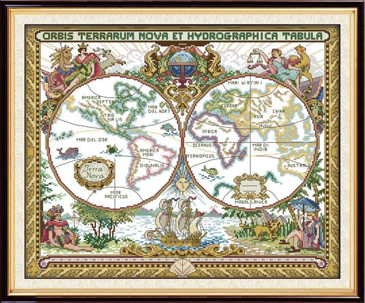 Stitchmelody Stamped Cross Stitch Kits,14CT Printed Pattern DMC Threads Embroidery Kit-Ancient World Map 20''×16.5''