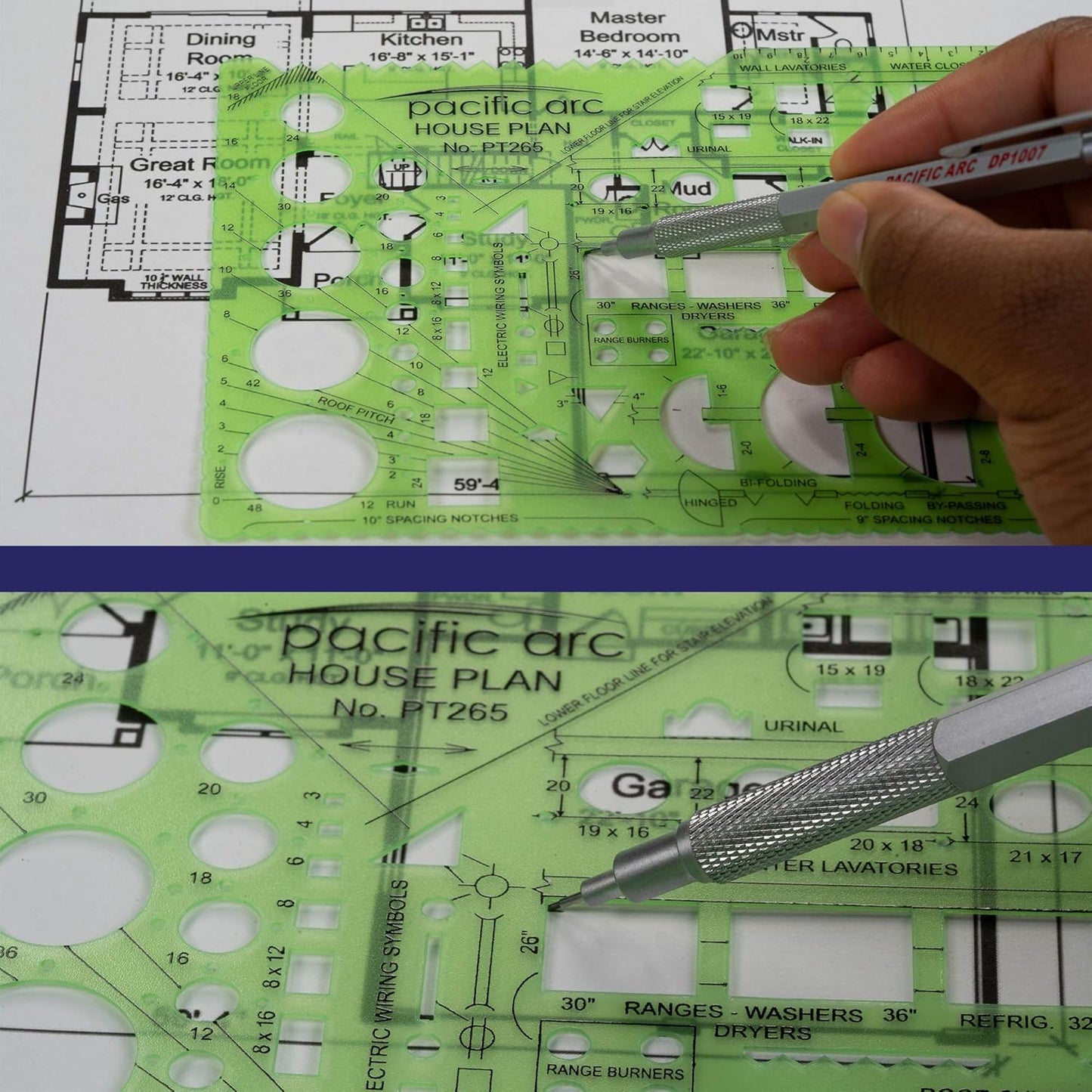 Pacific Arc House Plans Templates Guide, with Stairs, Doors, Plumbing, Kitchen Appliances, and Roof Pitch Gauge, Scale of 1/4 Inch to 1 Foot