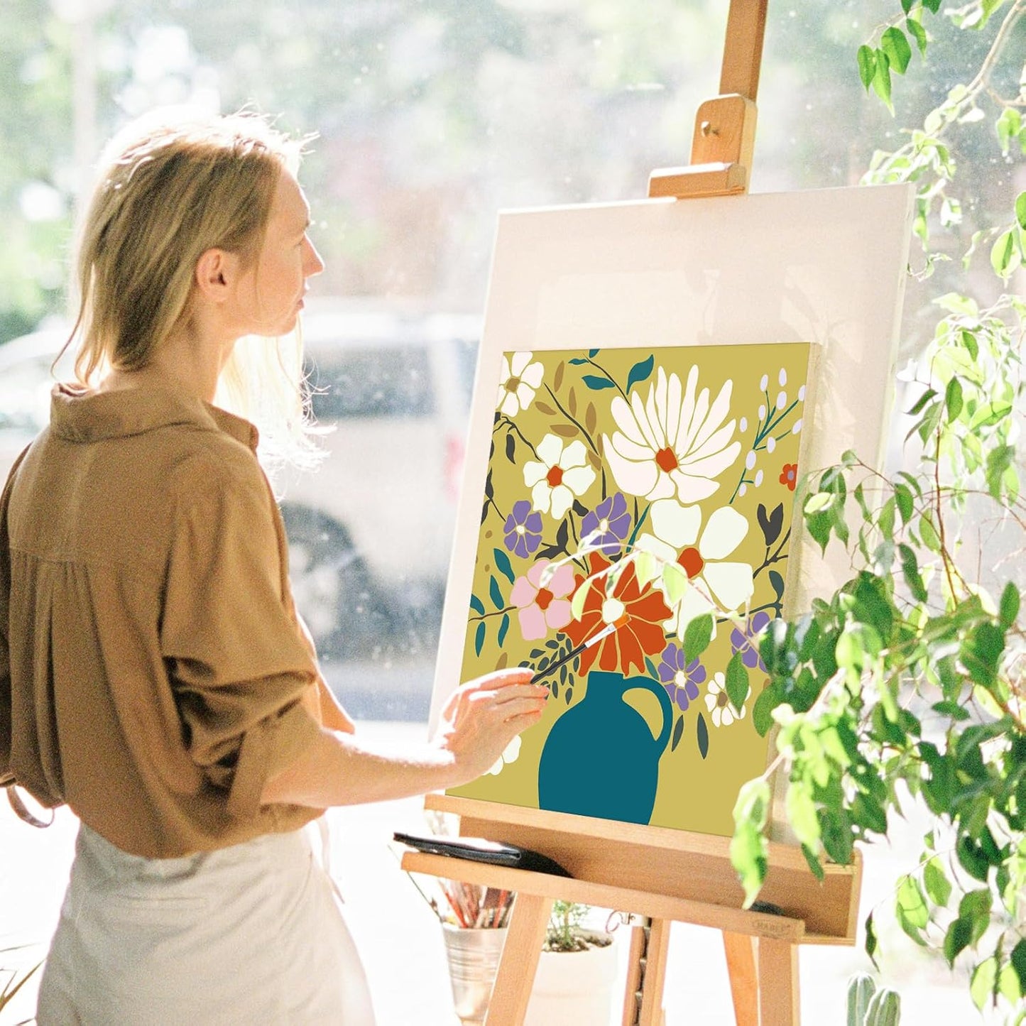 Cholemy 36 Pcs Paint and Sip Kit for Adults 8''x10'' Pre Drawn Canvas for Painting DIY Afro Acrylic Painting Kit Wood Easel Brushes Date Night Bulk for Christmas Party Gifts(Flowering)