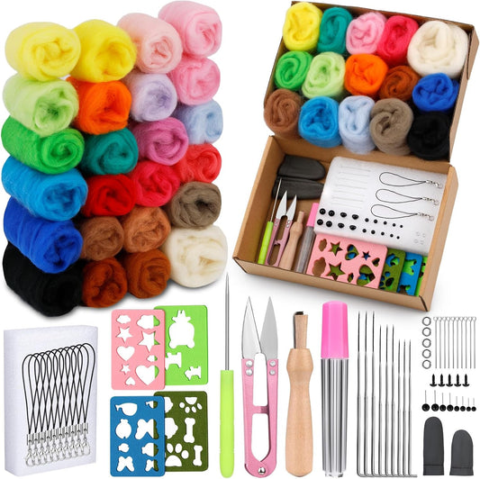 Yizzvb Needle Felting Kit, Wool Roving 24 Colors Set, Needle Wool Felting Tools Kit for Beginners, Needle Felting Starter Kits with Felting Needles for Felted Animal Needle Felting Supplies