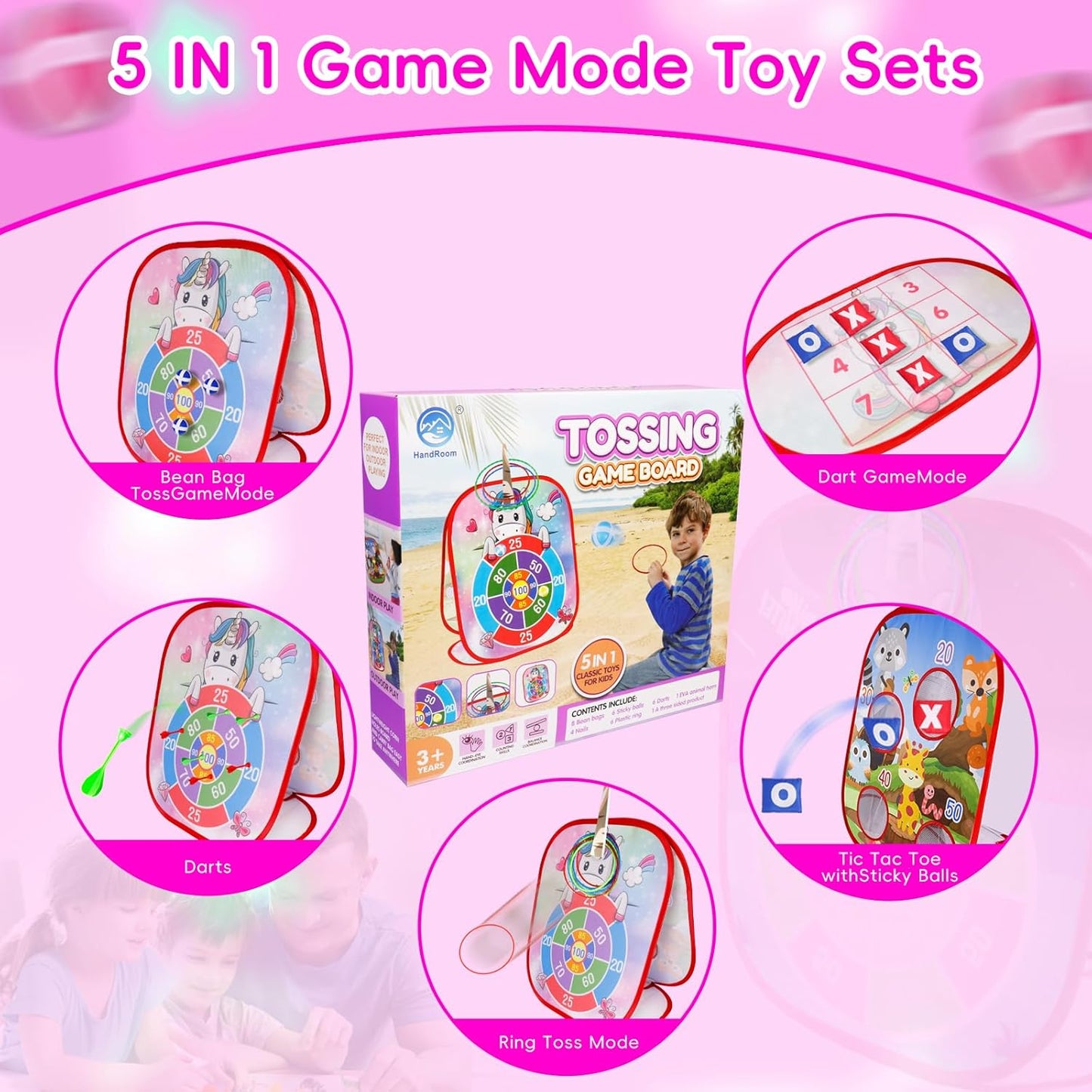 Bean Bag Toss Game for Kids - 5IN1 Kid Cornhole Toys Set, Over 3 Years Toddlers Children Backyard Beach Lawn Outdoor Indoor Throwing Toy to Boys Girls Birthday Family Party Christmas Easter Gift