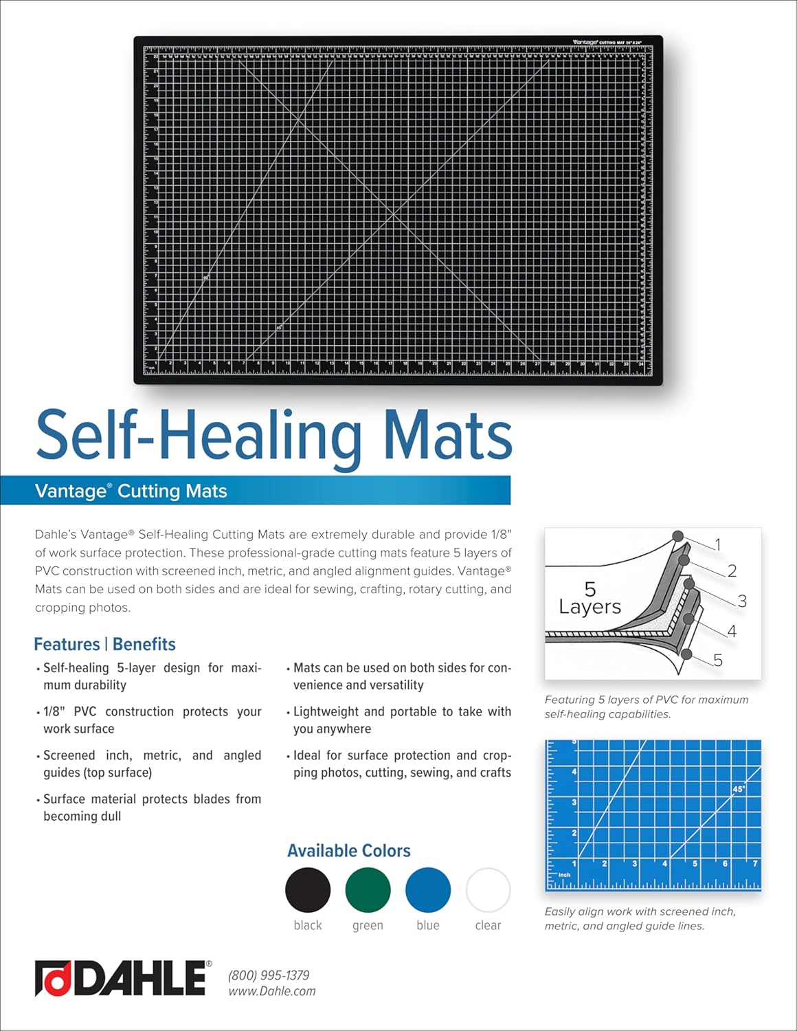Dahle Vantage 10474 Premium Self-Healing Cutting Mat, 36"x48", 1/2" Grid, 5 Layers for Max Healing, Perfect for Crafts & Sewing, Green