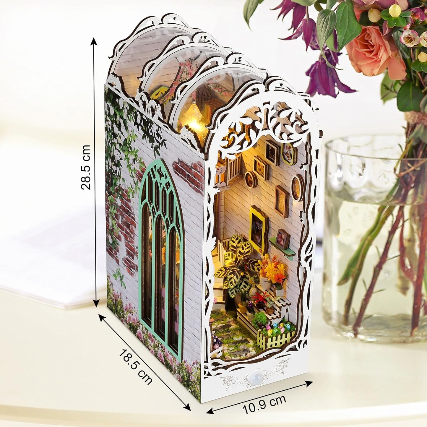 Book Nook Kit - DIY Miniature Dollhouse Kits for Adults, Booknook Bookshelf Insert with LED Light, 3D Wooden Puzzle Bookend Insert, Hobbies Gifts for Family and Friends, Flower House