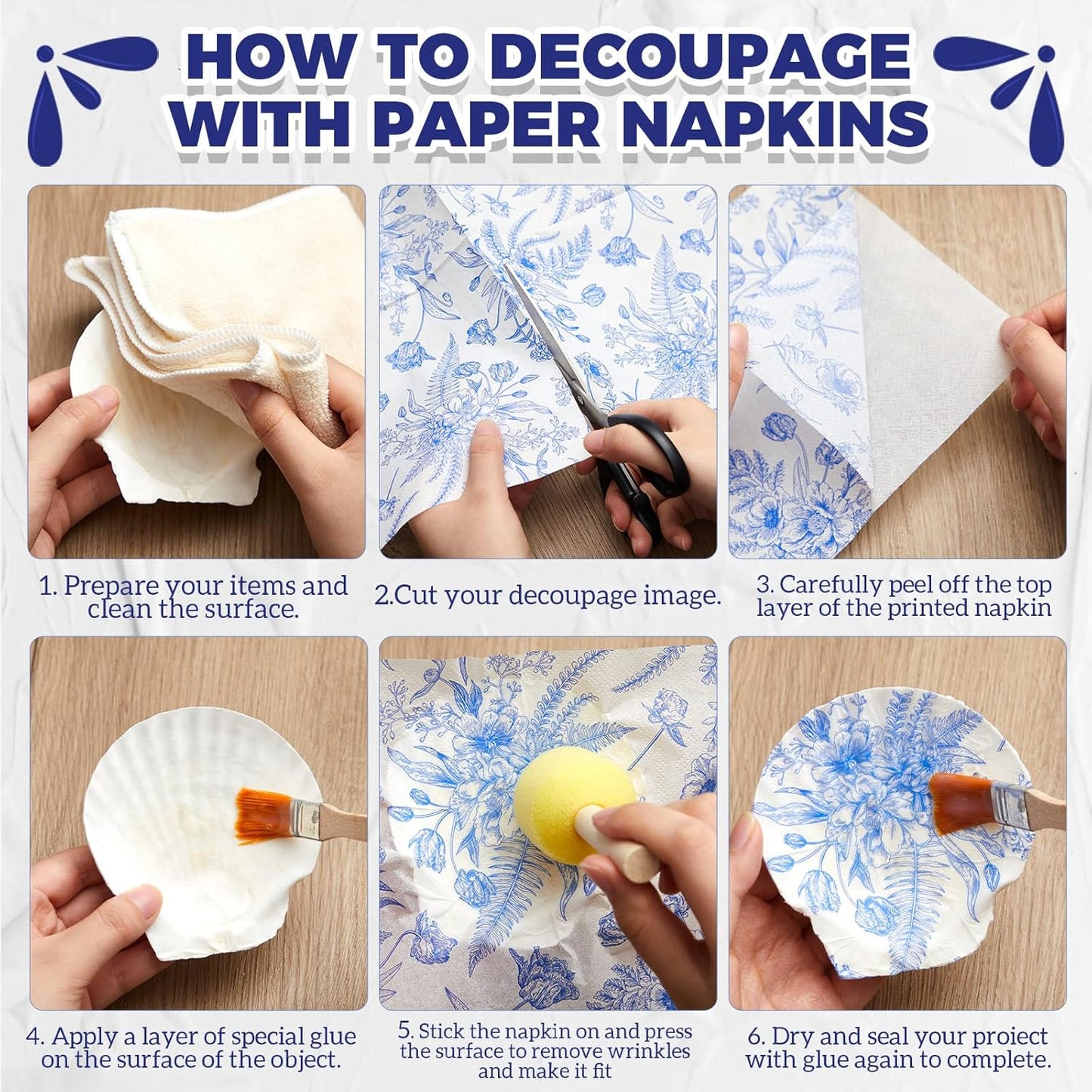 Crtiin 36 Pack 9 Styles Decoupage Napkins Assorted Floral Decorative Decoupage Napkins Chinoiserie Cocktail Paper for DIY Crafting Birthday Party, Each Unfolded 13 Inch(Blue Floral)