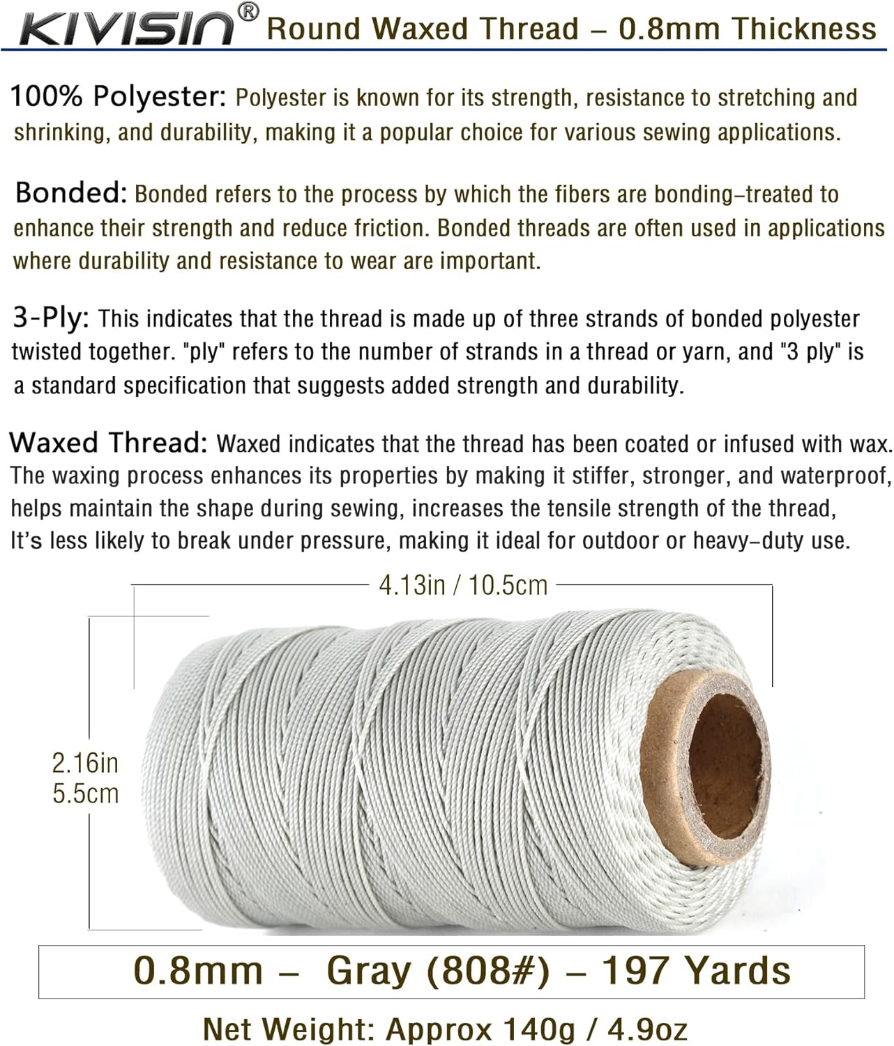 Bonded 0.8mm Round Waxed Polyester Cord, 3-ply Wax Coated Thread, 197 Yards Stiff String for Heavy Duty Fabric, Leather Sewing, Book Binding, Upholstery Repair, and Macrame Jewelry - Gray
