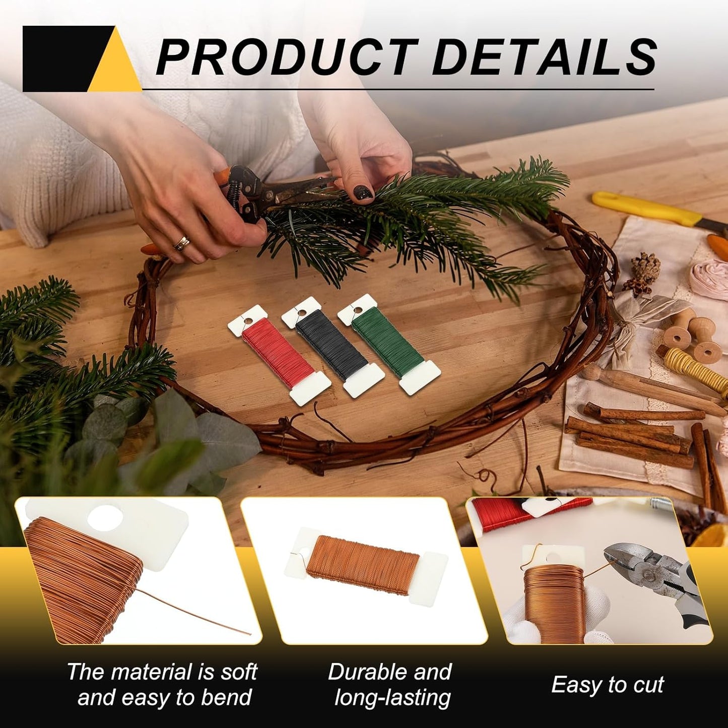 MECCANIXITY 190 Yards/575 Feet 27 Gauge Metal Floral Wire Copper Flexible Paddle Thin Floral Wires for Craft, Christmas Wreath, Flower Arrangement, Wedding, Total 5 Roll