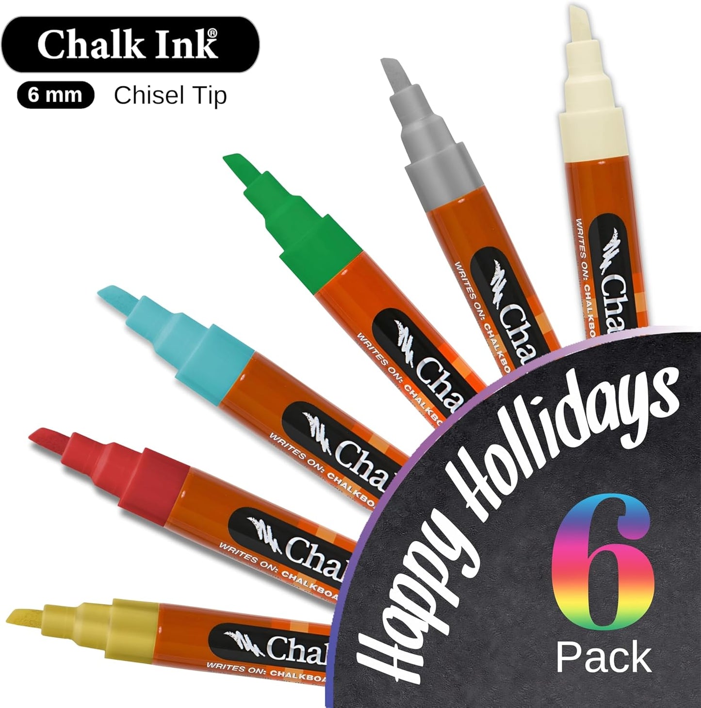 Chalk Ink Chisel Tip Wet Wipe Chalk Markers (Happy Holidays, 6mm, 6 Pack)