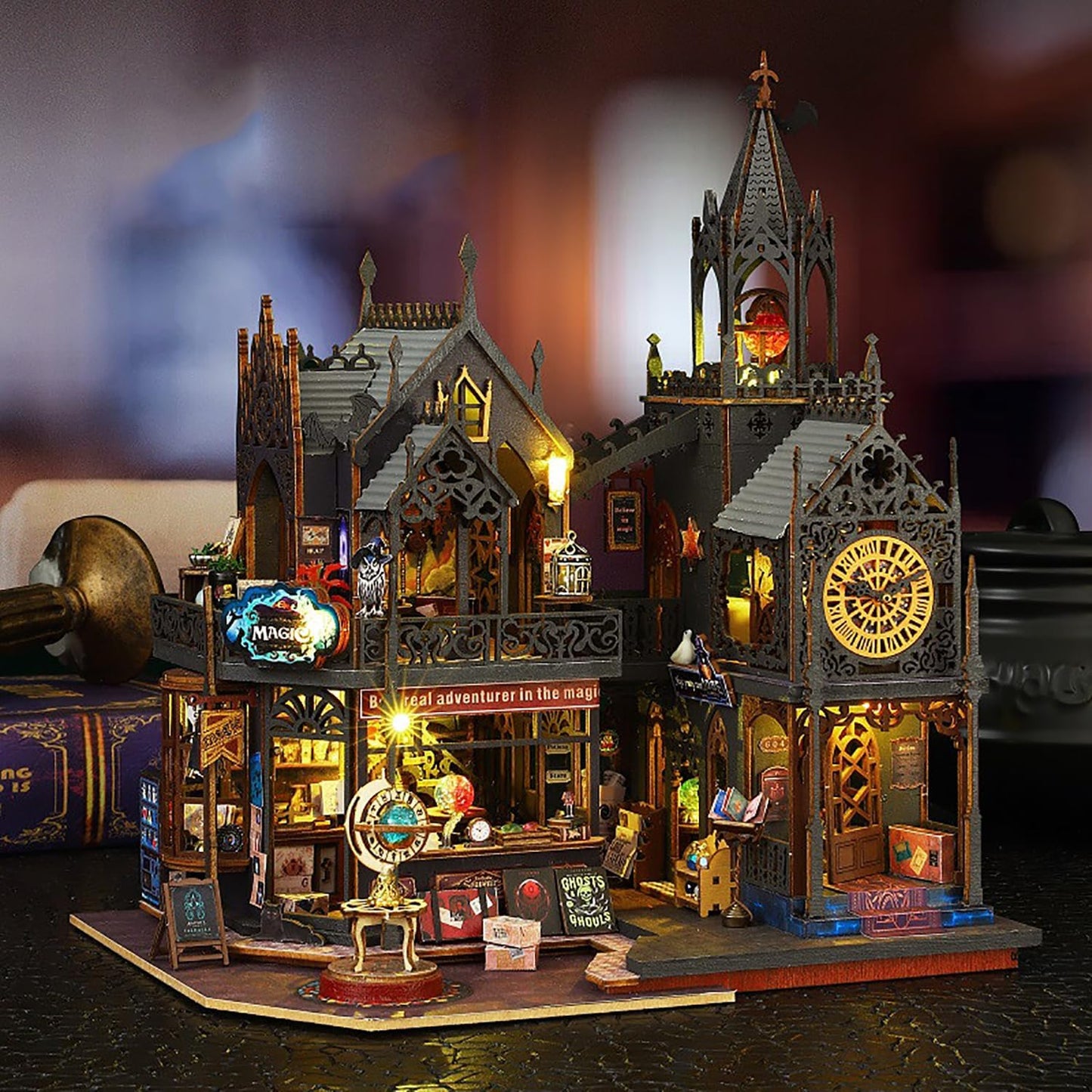 DIY Book Nook Kit - DIY Miniature Dolls House Kit with Furniture and LED Light, 3D Puzzle Wooden Art Bookends, Model Kits for Adults to Build (Holo Demon City)