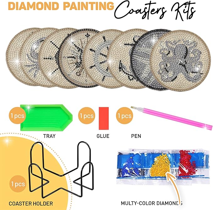 8 pcs Diamond Painting Coasters | Diamond Art Coasters | Vintage Nautical Diamond Art Painting | Perfect Art Craft Gift for Vintage Nautical Lover, Dad, Mom, Grandparents, Brother, Sister.