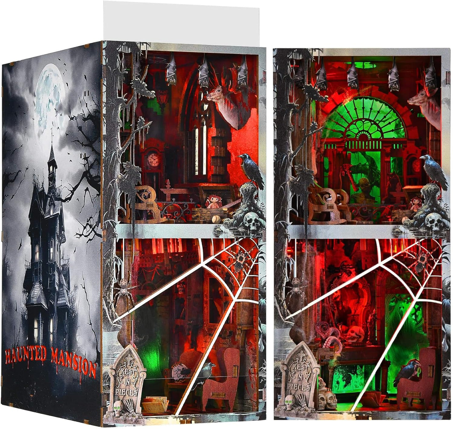Haunted House Halloween Book Nook Kit, Spooky Shelf Insert Bookshelf Diorama Horror Art Miniature Decor, Creepy Scary Wooden Puzzle Booknook (Haunted Mansion)