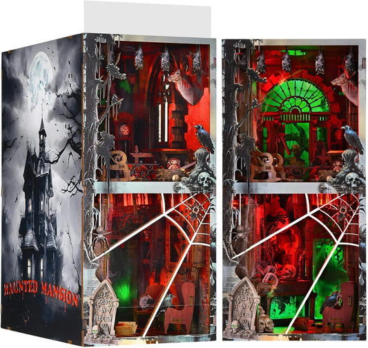 Haunted House Halloween Book Nook Kit, Spooky Shelf Insert Bookshelf Diorama Horror Art Miniature Decor, Creepy Scary Wooden Puzzle Booknook (Haunted Mansion)