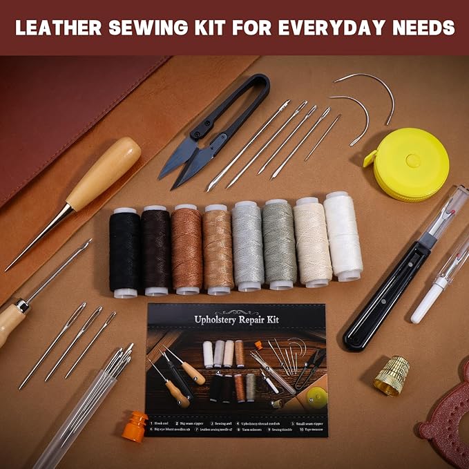 BAGERLA Upholstery Repair Sewing Kit Heavy Duty Sewing Kit with Awl Tools, Seam Ripper, Hand Stitching Needles, Upholstery Thread, Leather Craft Tool for Shoes Sofa Tent Carpet Craft DIY
