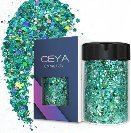 Ceya Holographic Chunky Glitter, 4.9oz/ 140g Spring Green Craft Glitter Powder Mixed Chunky & Fine Flakes Iridescent Nail Sequins for Nail, Hair, Epoxy Resin, Tumblers, Slime, Painting, Festival Decor