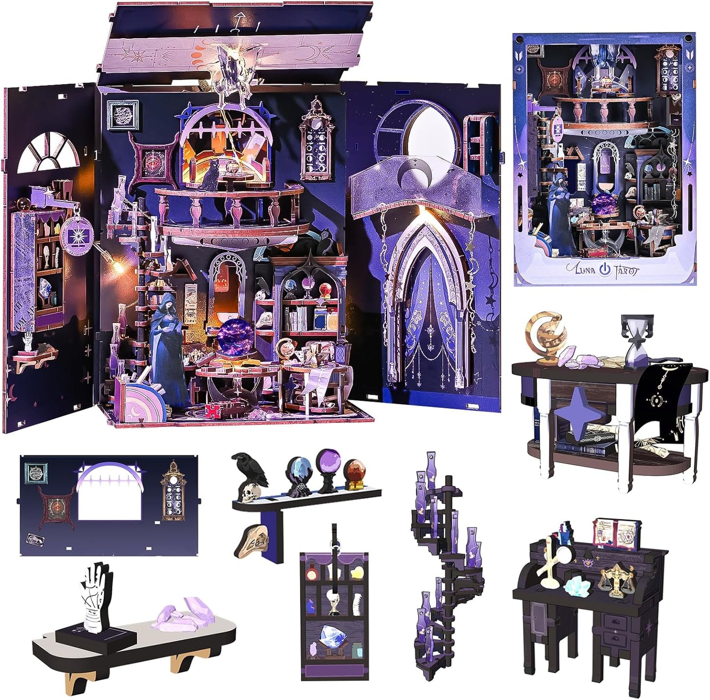 DIY Booknook Kit,3D Wooden Puzzle Miniature Book Nook Kit Insert Decor with LED Light and Dust Cover for Adults and Teens，Gifts for Family, Friends（Luna Tarot）