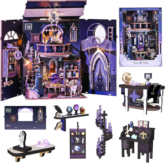 DIY Booknook Kit,3D Wooden Puzzle Miniature Book Nook Kit Insert Decor with LED Light and Dust Cover for Adults and Teens，Gifts for Family, Friends（Luna Tarot）