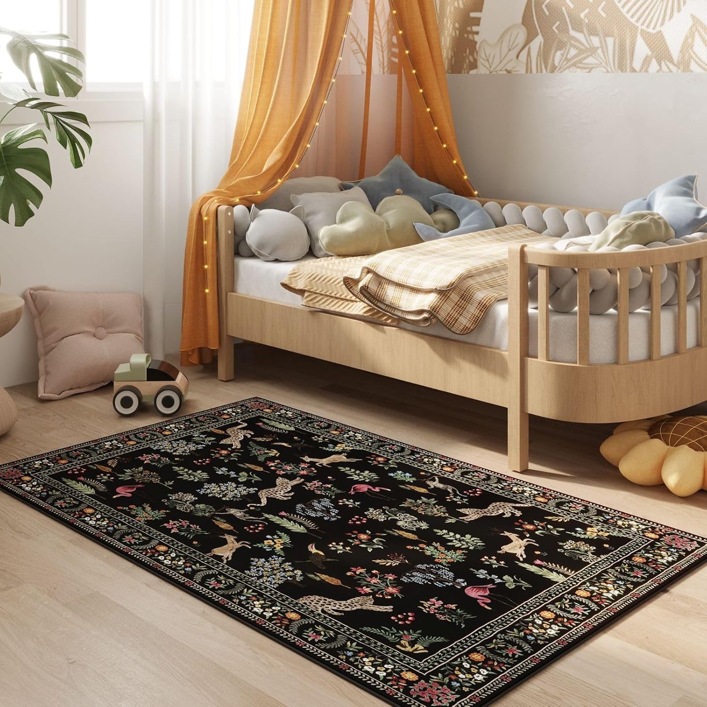 Rugcomf Area Rug 4x6 Rug Washable Boho Rugs Non Slip Low Pile Floral Animal Small Carpet for Bedroom, Bedside, Kids Room, Office, Dining Room (Black)