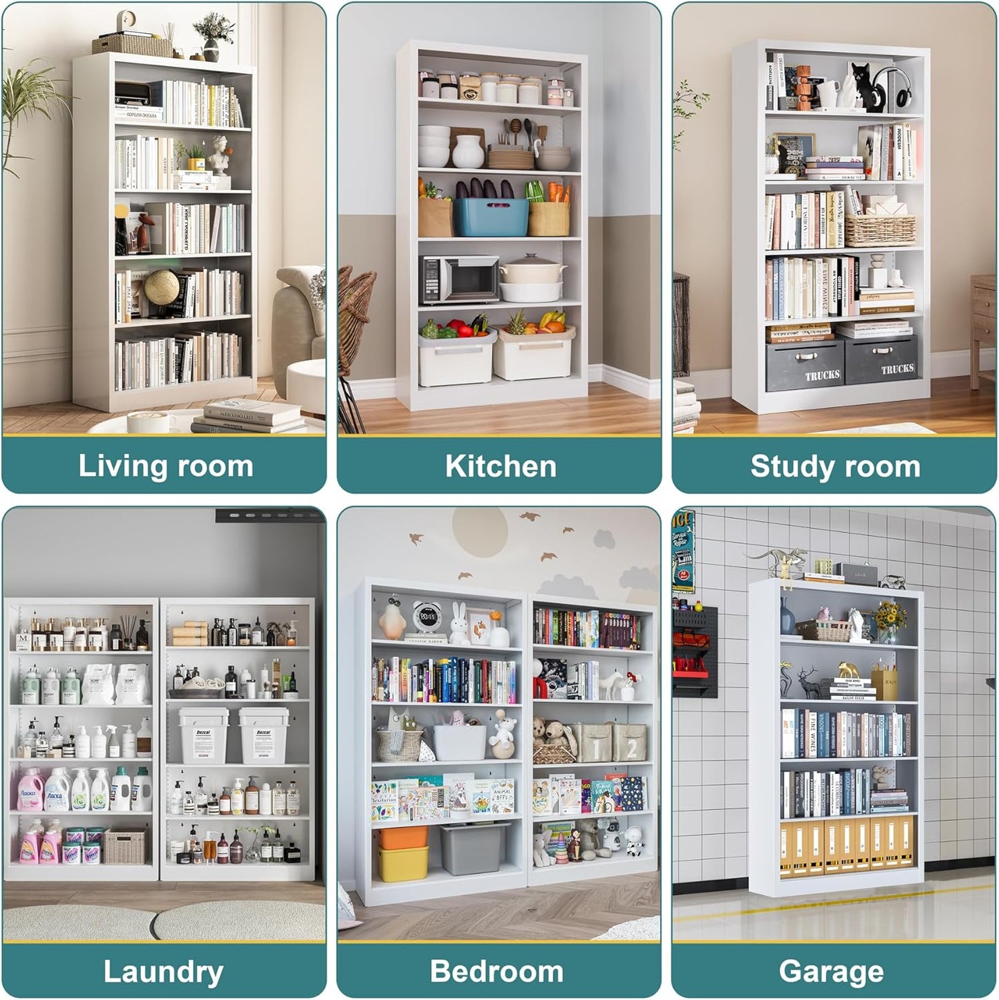 66"Heavy-Duty Steel Open Storage Cabinet with Adjustable Shelves, 6-Tier Shelving Unit, Easy Assembly Freestanding Organizer for Garage, Pantry,Office, Living Room (White, 5 Tier-66"Hx 33"W x14"D)