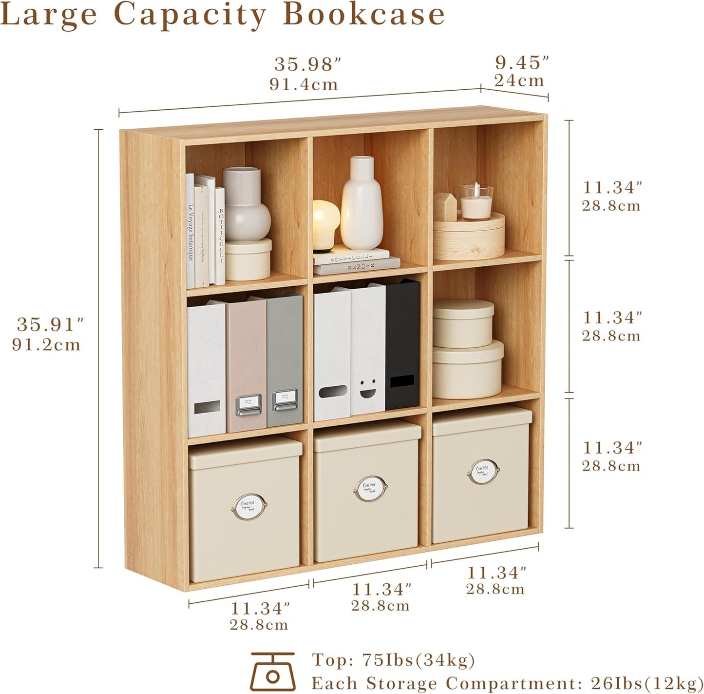 Wooden Storage Organizer with Closed Back Panel, 11in Cube Shelf Opening, Bookshelf, Display Shelf,Closet Cabinet for Home and Office (Natural Oak, 9-Cube 35.98L*9.45W*35.91H)