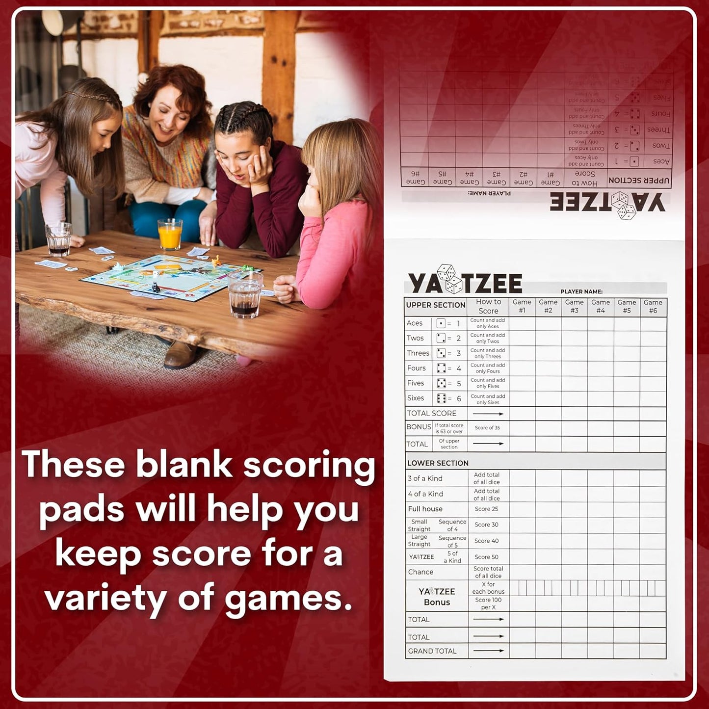 Score Pads for Yahtzee with Tear Off Pages: 6X9, 100 Sturdy Score Sheets, Large Print, Lay-Flat Design, Compatible with Yardzee & Yahtzee Games