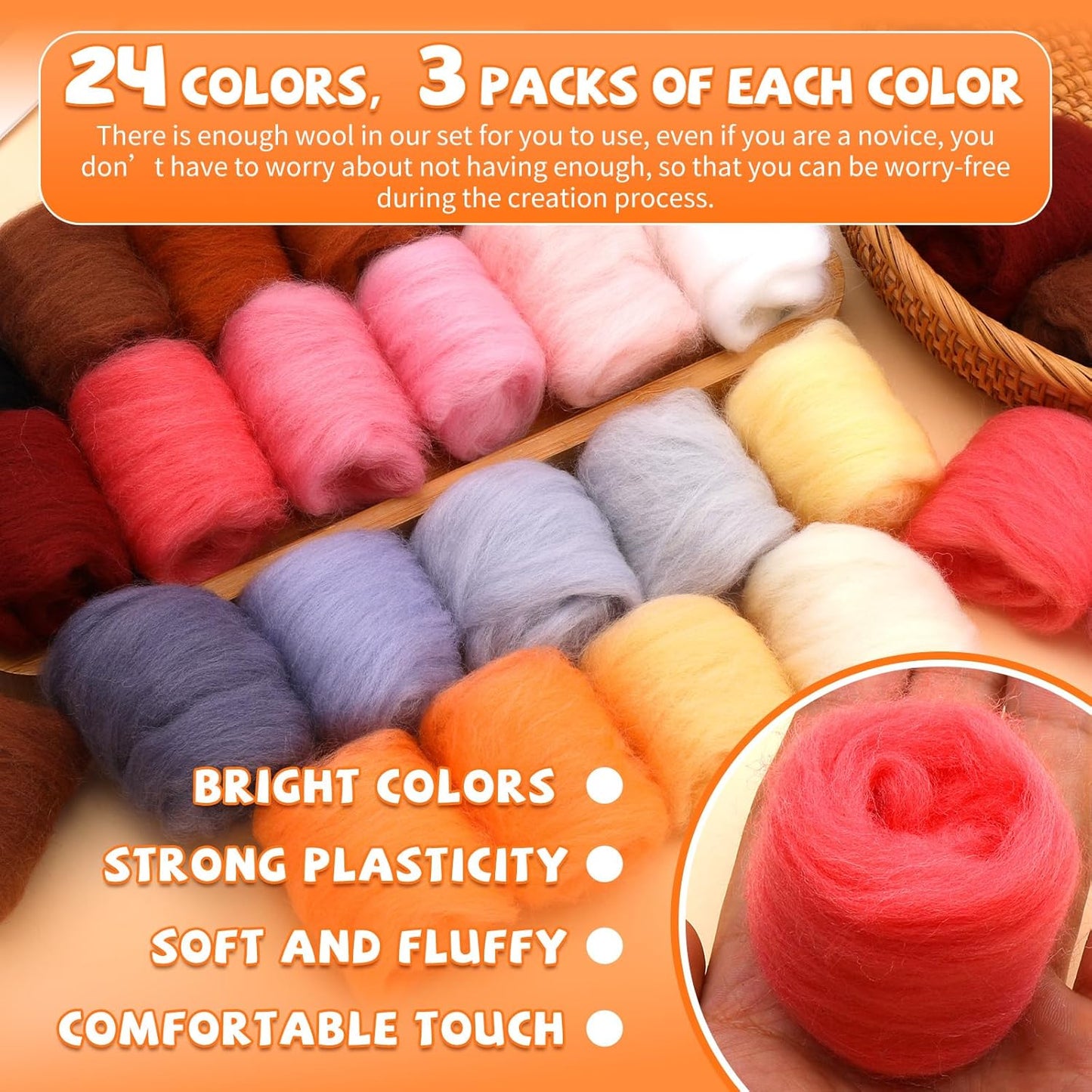 Mayboos 72 Pcs 7.6 oz Needle Felting Wool, 24 Colors Wool Roving Yarn, Fiber Wool Roving for DIY Hand Spinning Needle Felting Wool Craft 3g/Pack