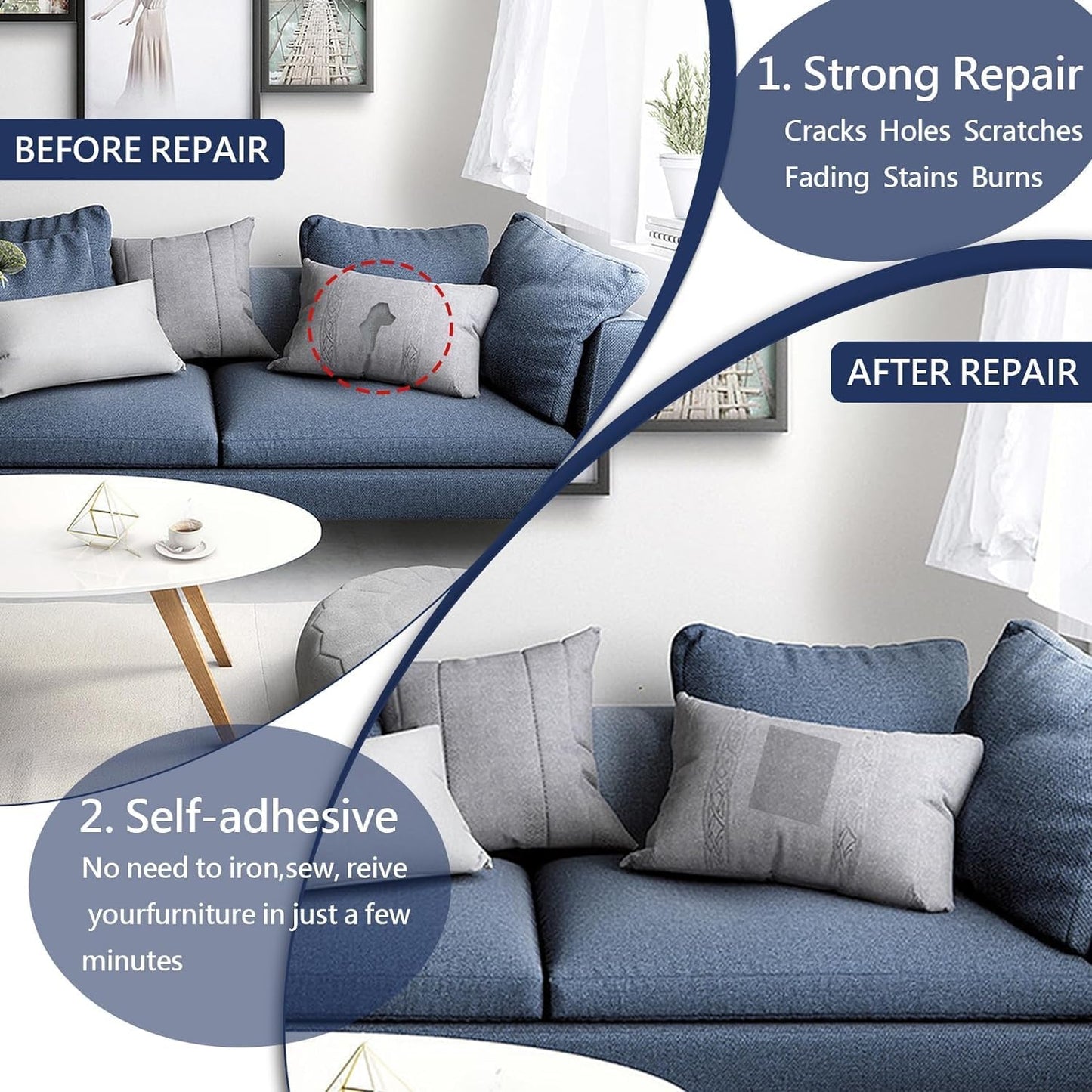 Canvas Repair Patch, Strong Sticky Fabric Repair Tape, Self-Adhesive Fabric Patch for Sofas, Tote Bags, Clothing, Car Seats, Furniture (Dark Blue, 3.5X79 Inch)