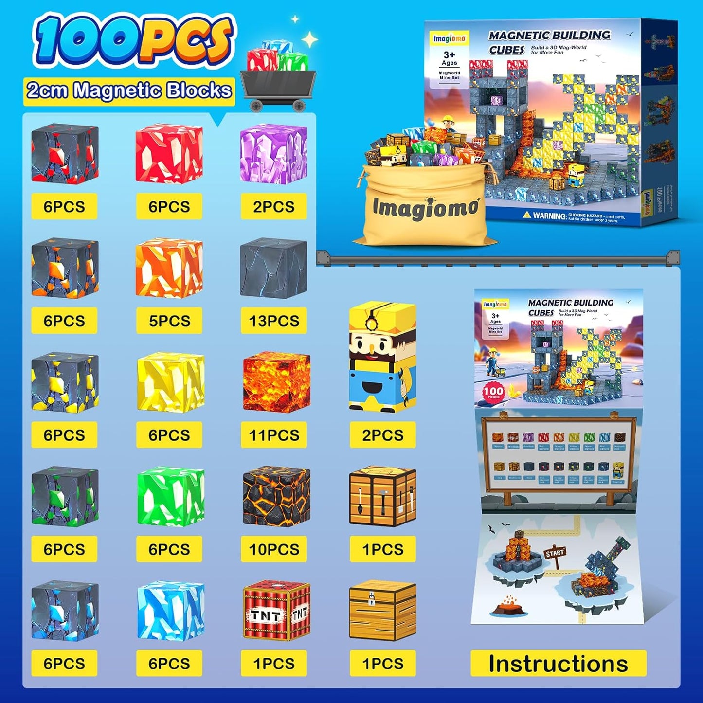 100PCS Magnetic Blocks - Build Mine Magnet World Mine Sword Adventure Set, Building Toys Classroom Must Haves Learning Sensory Toys for 3 4 5 6 7 8 Toddlers Kids Games Birthday Gifts for Boys & Girls