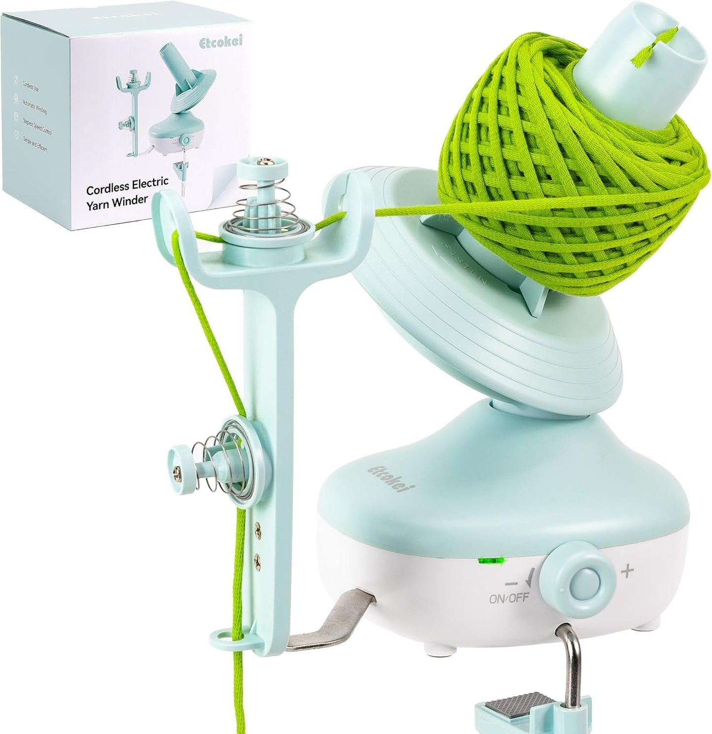 Etcokei Cordless Yarn Winder, Rechargeable Electric Yarn Ball Winder with 2200mAh Battery, Compact Yarn Cake Winder for Crocheting, Smart Automatic Yarn Spinner, Ideal Helper for Craft Lovers(Mint)