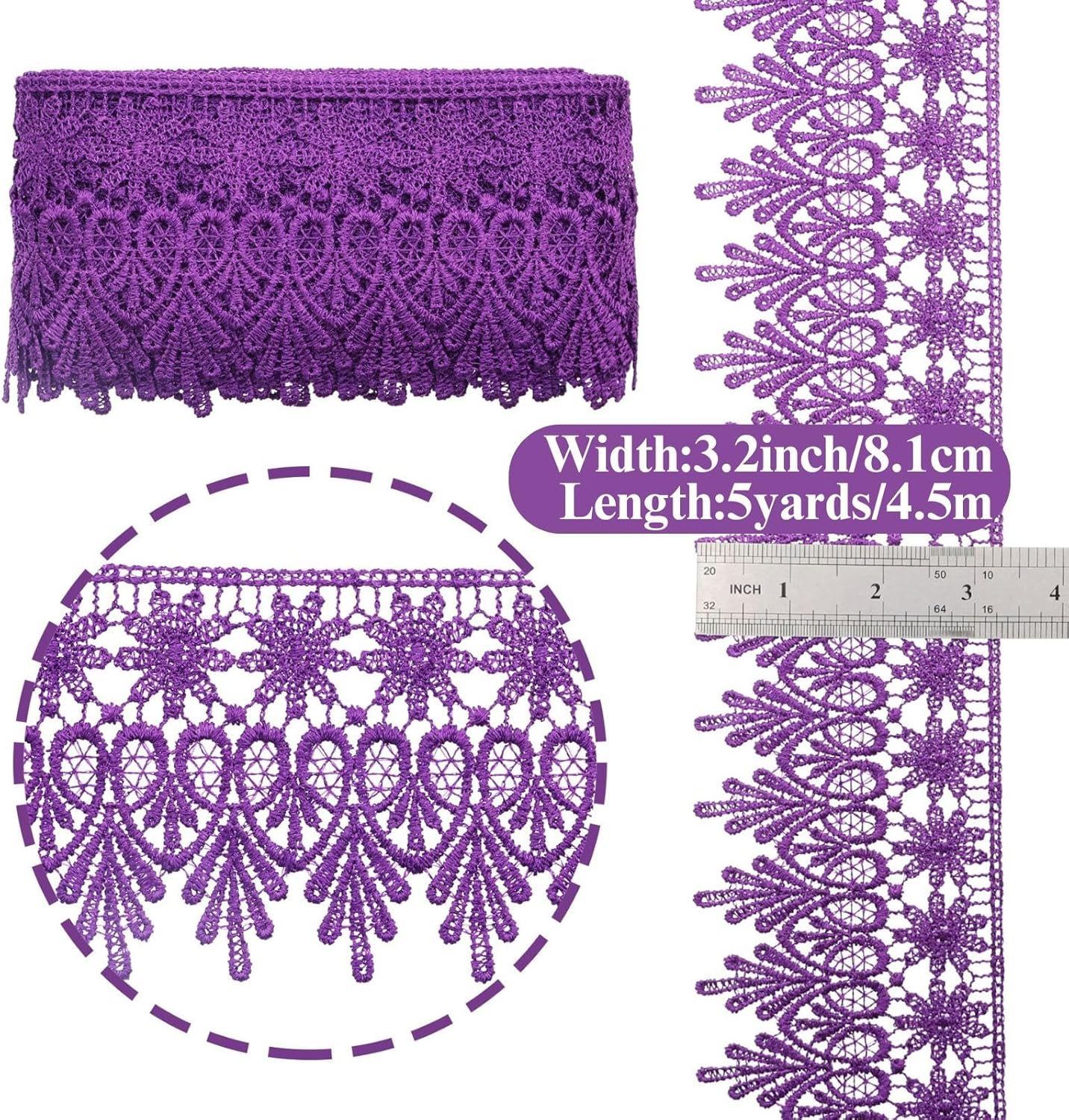 GXTIZAS Purple Lace Trim 5 Yards Wide Venise Lace Ribbon Embroidered Edge Trim for Sewing Crafts Pillow Case